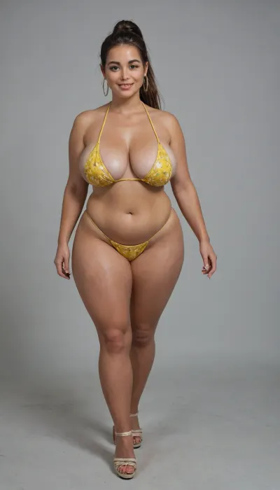 Very horny sexy old mature, 40 years old, huge hoop earrings, make up, fancy and glamour, dark blonde, tan skin, long ponytail hair, very chubby woman, plus size model, small tits, very tiny boobs, extreme chubby bbw, wide shoulders, large hips, thick arms, thick body, sexy naught smile face, very tall, focus on mules heels, very sexy mules, huge culottes, very thick calf, extreme high waisted bikini, very high waisted bikini, yellow flowered bikini, at the boat, full body view, looking at the camera, showing her mules, walking towards the camera, very chubby