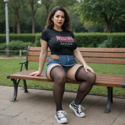 MILF 35 years old, curvy body, dyed black hair, plump lips, bright red lipstick, big breasts, swollen nipples, tight T-shirt, denim skirt, black stockings, white sneakers, sitting on a park bench, <lora:220437_training_data:.8>