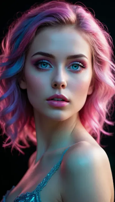 dark energy, intricate design, dark background, predominant pink tones, one woman silhouette, blacklight illumination, spot colors, very aesthetic, vibrant cyan hues. She has a pretty coquettish faded face, elaborate hairstyle, small breasts, detailed crystal eyes, light glowing irises, heartshaped lips, lip gloss, aroused skin, she exhales, dramatic sunset, long shadows, dreamy mood, detailed photo, photorealistic photo, realistic pretty women photo, night vision, soft fokus, parallax, overexposure. #©KITTYART



































#©KITTYART