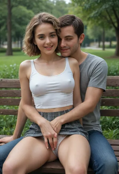 A tall young very beautiful 18-year-old Russian girl in a tank top and a spacious skirt sits on a guy's lap and hugs his neck On a bench in the park, (white panties), (A fully clothed guy), a slut smile, The chest is medium, (the guy's hand under the skirt on the girl's crotch), groping, fingering, grabing, High detail, excellent image quality