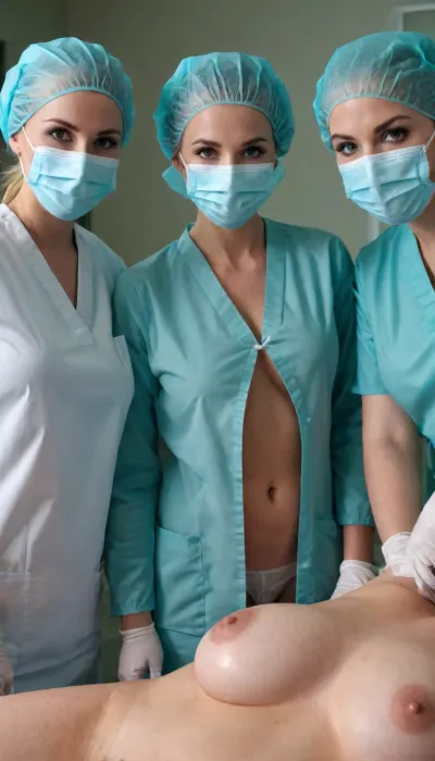 three sexy women, surgeons smiling eyes, referring to you, Sexy sensuous wearing masks and scrubs with open jackets revealing whole big naked big boobs, surgery, surgical caps, surgical assistants, surgical lamp, operating table, view from front