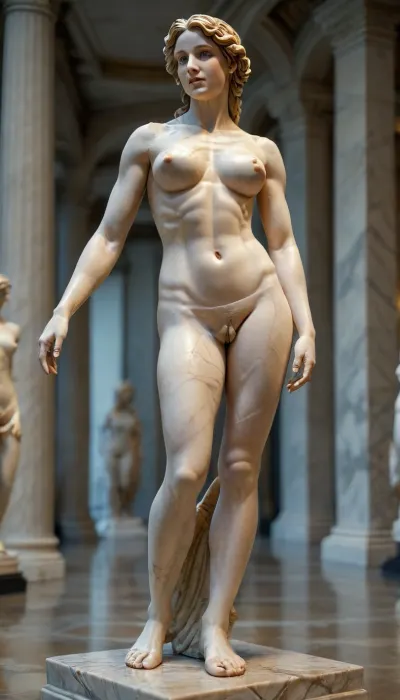 Venus of milo, with arms, large breasts, in a Museum, sharp background, full body view, in, the, style, of, MarbleStatueXL, <lora:MarbleStatueXL:1.3>