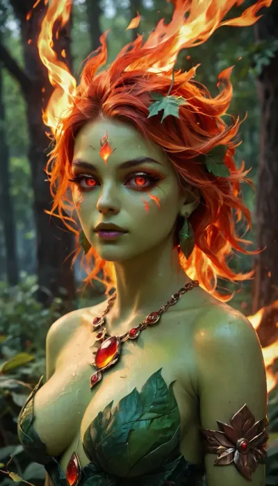 score_9, score_8_up, nude girl in her twenties, Sylvari, (((deep green skin))), intricate leaf pattern, ((burning red eyes)), ((fire elemental eyes, only eyes on fire)), (leaves for hair), shamanic clothes, wild, firece expression, dense magical forest, photograph, Leaves_Fantasy, Infernal, style, <lora:1431512_training_data:.8>, <lora:InfernalStyleXL-000006:.6>