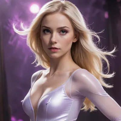 the woman name is dagger, from Marvel Comics., gorgeous face, appears radiant and striking, with long blonde hair, skinny body, small waist and a white costume that glows with energy. She emits a soft purple ethereal glow, she is a ballet dancer, <lora:Microwaist_XL_v01:1>, <lora:668315_training_data:.6>, <lora:580159_training_data:1.7>