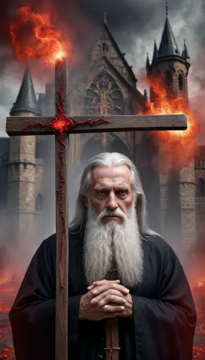 double exposure, superimposition of layers of drawing on each other, smooth transition from one image to another, transparent, ghostly, an elderly, tall man with long black hair and beard holds a wooden cross with red crystals, against the background of a Gothic castle with crosses, eyes burning with anger and hostility, red magical energy flows, smoky black swirl, flickering effect
