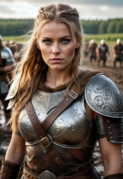 woman, a sexy viking soldier, wearing viking armor, long hairs, mud on his face, mud on everywhere, serious look, in a battlefield, masterpiece, high quality, wide angle, full body in picture, professional photography, intricate details on her armor, complex patterns, valhalla, (photorealistic:1.4), (best_quality), (ultra_detailed), beautiful, DSLR, 8k, textured skin, realistic skin, detailed eyes