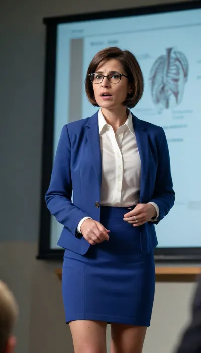 woman, short brunette hair, at 40s, female university professor explaining anatomy during a power-point presentation, wearing glasses, blue jacket, white shirt, blue short skirt