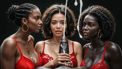 black african man, absolutely black skin, deep ebony skin, African, Nigerian, Nubian, (((absolutely black skin))), short straight black hair, red spandex top, showing his massive 25 inch erected penis to 3 curvy asian mature women wearing red leather lingerie, handjob, (ejaculation:1.5), excessive cum dripping from penis, black room, black background.
