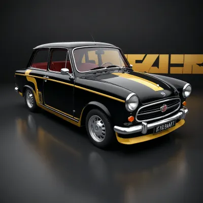masterpiece, best quality, ultra-detailed, 8K, photo-realistic, full body, isometric view, from front, cyber world, black edged trabant601 parked racing_edition with gold_decoration, (simple black background:1.2)
