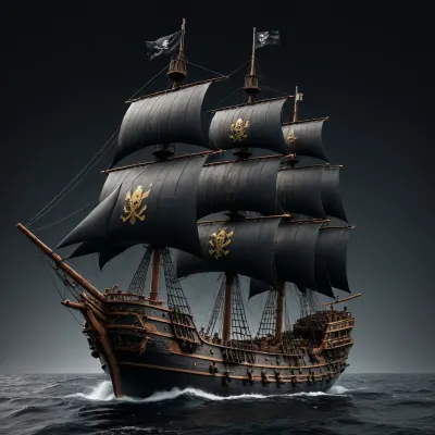 masterpiece, best quality, ultra-detailed, 8K, photo-realistic, full body, isometric view, from front, cyber world, realy large dark black brown wooden warship with a lot of guns and sails swiming on the ocean with pirate flag, (simple black background:1.2)