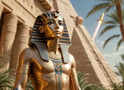 Space god, time traveler from the future, Egyptian emperor, king tut, pyramid temple, palm fronds, (rocket ship in background), dynamic pose, cinematic lighting, sci-fi movie scene, offset view, pharaotech, <lora:pharaotech:1.2>