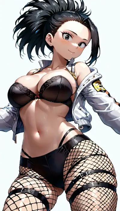 momo yaoyorozu from my hero academia, white background, sexy jacket, strapless bra, fishnet, big breast, seen from below