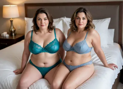 This image features two mature, chubby women sharing a luxurious bed in what appears to be a high-end hotel room. The perspective is a medium shot, taken from a slightly elevated angle, offering a good view of both their ample figures.
The woman on the right, positioned closer to the viewer, has brown hair with subtle streaks of grey that frames her beautiful, mature face. Her captivating light-colored eyes are wide and bright, making intense and seductive eye contact with the viewer. Her lips are softly parted, adding to her inviting expression. Her chubby physique is prominent, with a softly rounded, fat belly and full thighs that display natural cellulite. Her skin appears soft, with some gentle wrinkling typical of her age, and a warm, inviting tone. Her breasts are large, soft, and noticeably saggy, resting naturally against her side. She wears a loose-fitting lace lingerie bra and high-waisted, full-brief silk panties in a deep teal color, which smoothly hug her curves and clearly show her fat upper pubic area. Her pose is relaxed and confident, exuding a quiet allure.
Beside her, the second woman mirrors a similar chubby and soft body type. While her face isn't as distinctly in focus or directly facing the camera, her presence adds to the intimate and comfortable atmosphere. She also appears to be wearing similar lingerie.
The bed itself is large, covered in pristine white, slightly rumpled sheets, suggesting comfort and ease. The background hints at an elegant hotel room, with subtle lighting and muted pastel tones that create a soft and warm ambiance. The overall impression is one of natural beauty and shared comfort between two mature women.