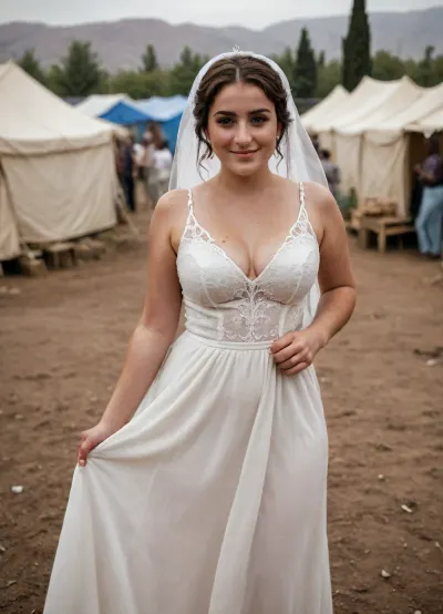 A happy Iranian sexy Curvy bride standing in front of an African refugee camp. sexy cutout wedding dress, smiling warmly, dressed modestly and casually. They look peaceful, kind, and compassionate. In the background, the refugee camp is visible with makeshift tents playing. The lighting is soft and warm, giving a hopeful, humanistic tone to the scene. bridal, BadX, detailed, eyes, perfect, freckles, skin, texture, photorealistic, <lora:Bridal_XL:1.4>, <lora:Super_Eye_Detailer_By_Stable_Yogi_SDPD0:.8>, back, <lora:191464_training_data:.8>