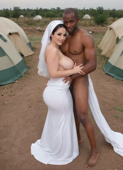 ((A happy sensual Iranian curvy Busty bride and cuckold groom standing hand in hand in front of an African refugee camp)), . They are smiling warmly and appear supportive and compassionate. The man has short dark hair, light to medium skin tone, The woman is wearing a white luxury wedding dress and headscarf, has fair skin, and a friendly expression. Behind them is a simple refugee camp with tents, modest shelters, and a few African muscular angry man the background. The atmosphere is hopeful, peaceful, and filled with a sense of solidarity and kindness., <lora:dAIversityUnderstandingXLRealistic:.8>, sexy, wedding, dress, <lora:sexy wedding dress XL:.8>