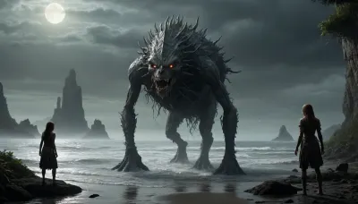 The scene is made on the ocean shore with vegetation in the style of dark fantasy-a dystopia with a very detailed and atmospheric environment. The world in the water is magically infected with glowing anomalies, perverted nature, and the remnants of vanished civilizations. The light is unnatural, casting eerie shadows . Creature girl and characters \ \ mystical, hybrid, animal-like anthropomorphic creatures with dangerous or wild traits. The art style combines elements of medieval fantasy.