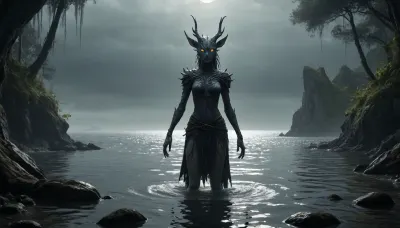 The scene is made on the ocean shore with vegetation in the style of dark fantasy-a dystopia with a very detailed and atmospheric environment. The world in the water is magically infected with glowing anomalies, perverted nature, and the remnants of vanished civilizations. The light is unnatural, casting eerie shadows . Creature girl and characters \ \ mystical, hybrid, animal-like anthropomorphic creatures with dangerous or wild traits. The art style combines elements of medieval fantasy.