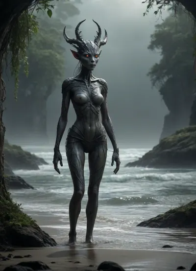 The scene is made on the ocean shore with vegetation in the style of dark fantasy-a dystopia with a very detailed and atmospheric environment. The world in the water is magically infected with glowing anomalies, perverted nature, and the remnants of vanished civilizations. The light is unnatural, casting eerie shadows . Creature girl and characters \ \ mystical, hybrid, animal-like anthropomorphic creatures with dangerous or wild traits. The art style combines elements of medieval fantasy.
