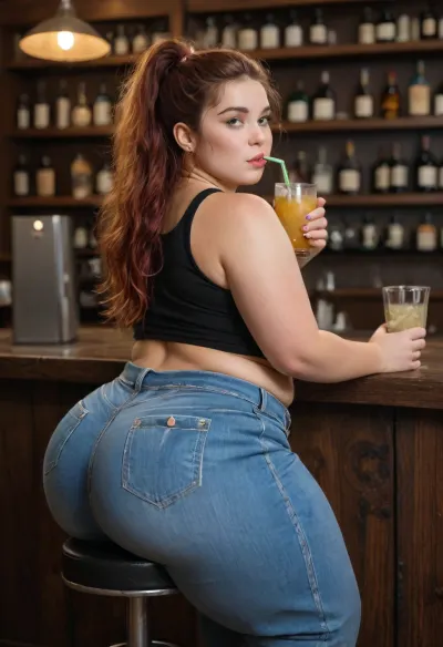 (Super fat ssbbw teen:1.2), big fat ass, obese, extremely wide hips. small boobs, (flatchested:1.4), heavy bottom, Long hairstyle. Long red hair, in croptop and blue jeans. Sitting on bar and drinking cocktail. Seductive posing, (thick thights and calves:1.3), flat, chested, <lora:style_lora_realis:.8>, <lora:flat_chested_v3.5:1.1>, bottomheavy, big, ass, huge, gigantic, thick, thighs, massive, <lora:bottomheavy_v1_sdxl_tags:.8>