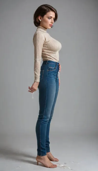 helen parr, large breasts, detailed waist, beautiful face, jeans, tan sweater, full body, side view, covered in cum, lots on cum