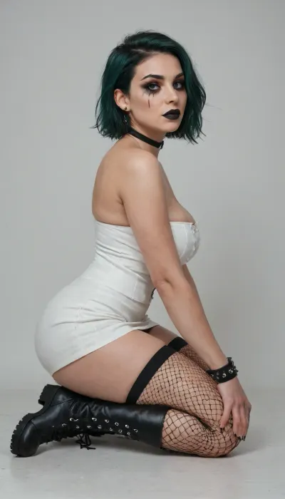 side view, The girl, (White background), sitting on the floor, on her knees, legs together, the girl has white and green hair, a gothic appearance, Goth girl, black lipstick, smoky eyes makeup, smeared mascara, a choker on her neck, a piercing, wristbands on her hands, combat boots and fishnet tights on her feet, with a white short skirt on which there is a chain, sitting on her knees and with her legs together, she is dressed in a white bustier, the bustier is gothic huge breasts.