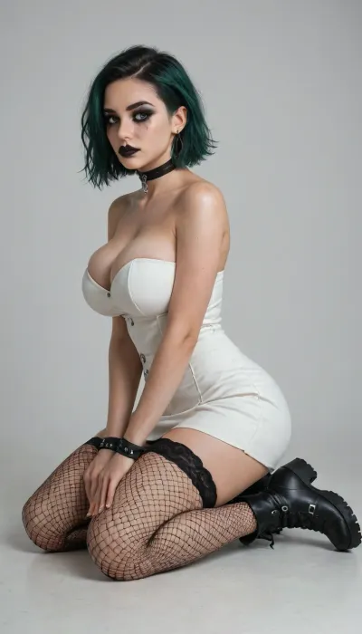 side view, The girl, (White background), sitting on the floor, on her knees, legs together, the girl has white and green hair, a gothic appearance, Goth girl, black lipstick, smoky eyes makeup, smeared mascara, a choker on her neck, a piercing, wristbands on her hands, combat boots and fishnet tights on her feet, with a white short skirt on which there is a chain, sitting on her knees and with her legs together, she is dressed in a white bustier, the bustier is gothic huge breasts.