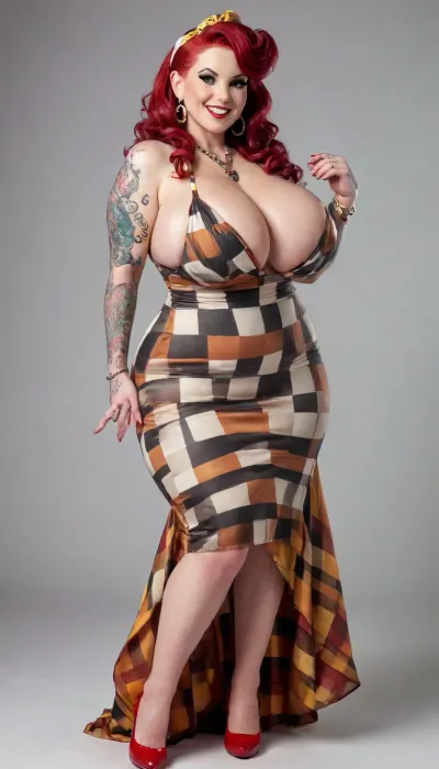 Portrait photo of 40 years old woman, (ultra fat bbw midget), (ultra thick thighs), (large round ass), giant floppy breast. High detail and realistic eyes. Smart smile. Whole body with colored tattoos. Long curly Red hair, rockabilly hair style. Big earrings, necklace, jewellery., (Sexy long chequered rock-a-billy dress:1.5), . Headband. View from side, dynamic angle., (white background:1.8), posing for modelshoot, soft light on the model face, cinematic. Best quality photo, 8k photo, high detail, high resolution photo, <lora:milkers_v2:1>, <lora:220437_training_data:.5>, <lora:Venus_Body_Alpha:.5>