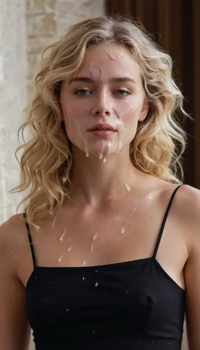 half body portrait of a young woman, slim, blonde, weavy hair, flatchested, wearing little black dress, (cum on face, thick white cum), . woman, cum, on, face, <lora:JustCum:1.4>