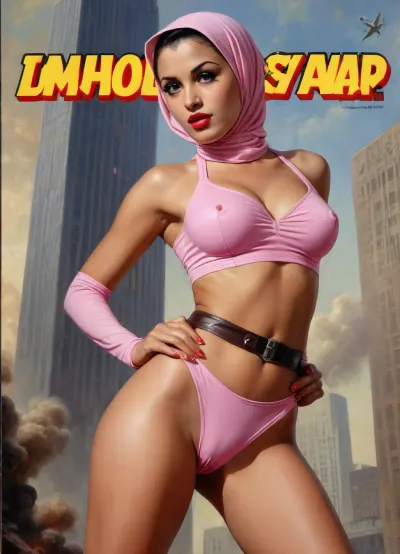 (TITLE TEXT "Unholy War":1.5), (movie poster:1.2), (huge letters, movie title text:1.2), (Muslim woman, brown skin:1.3), (Arab woman:1.1), (brown skin:1.3), (religious hijab:1.1), wet sweaty body, big text on poster, sweaty body, ((string bikini bottom)), sideview, (((tight uniform 50's))), (((pin up 1940's))), (explosion on World Trade Center:1.1), (September 11 attacks photo in background), (explosion on skyscraper:1.3), (dynamite belt around her waist:1.3), (holding dynamite:1.2), (hijab:1.2), (((Movie poster 1950's))), (9/11 September twin tower attack:1.2), (airplanes crashing in skyscraper:1.1), (she is wearing a pink hijab), Photography, photorealism, tall, beautiful perfect figure, Knee-high boots, perfect tall legs, charming eyes, sad yet gracious face, dark background, fantasy art capturing the style of Aaron Horkey, Jeremy Mann and Luis Royo, body-focused composition from a low angle, alluring figure, dark fantasy, dynamic composition, red lipstick, warm hues, showcases acrylic calligraphy, watercolor techniques integrated seamlessly into a maximalist masterpiece, detailed with gouache fluidity, golden hour light, hyperrealism, hypperrealistic, hyperdetailed, 64k, ultraHDR, Movie, Poster, page, panties, pulled, to, side, pussy, shaved, <lora:Movie Poster:.5>, <lora:Pussy_pants_nohands_D03_realvizXL2_bucket_01-000010:.5>