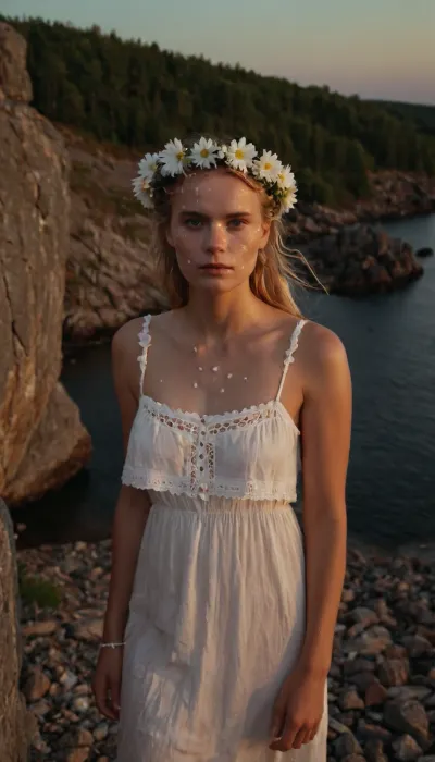 full body portrait of a young woman, swedish, flatchested, wearing a summerdress, flower wreath in hair, during white night, midsommar, (cum on face, thick white cum:1.2), on a rocky skerry. woman, cum, on, face, <lora:JustCum:1.1>
