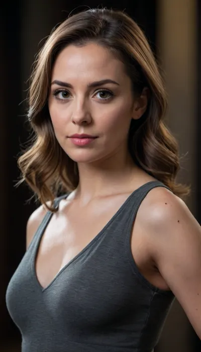 A portrait shot of a woman standing in a confident pose. She is facing slightly sideways, with a slight gaze directed toward the camera. The background is a dark, neutral color, ensuring that the focus remains on the subject. The lighting is soft and evenly spread, with a focus on highlighting the contours of her face and body.