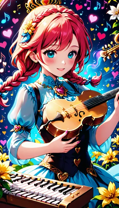 The composer's muse, surrounded by a whirlwind of notes. She creates a symphony that makes hearts beat faster. Her hair is braided into braids adorned with flowers. Fantasy, bright colors, musical instruments, notes, magic, <lora:add-detail-xl:.8>