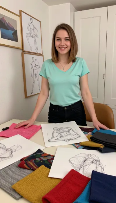 A design muse surrounded by sketches and fabric swatches. She creates beauty that inspires and pleases the eye. She wears stylish clothes that emphasize her taste. Modern, bright colors, geometric shapes, sketches, fabrics