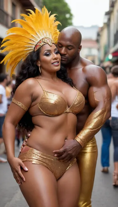 interracial sex, big mature brazilian samba dancer, curvy, enormous gigantic big plump boobs, luscious breasts, wide thick sexy ass, thong, dark brown exotic skin, ((((shiny copper skin)))), enormous nigerian man, muscular body, kissing her lips deep on the street, groping her, carnival, rio, blue -yellow feather costume, posing, long sexy legs, full view