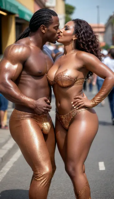 interracial sex, big mature brazilian samba dancer, curvy, enormous gigantic big plump boobs, luscious breasts, wide thick sexy ass, thong, dark brown exotic skin, ((((shiny copper skin)))), enormous nigerian man, muscular body, kissing her lips deep on the street, groping her, carnival, rio, blue -yellow feather costume, posing, long sexy legs, full view