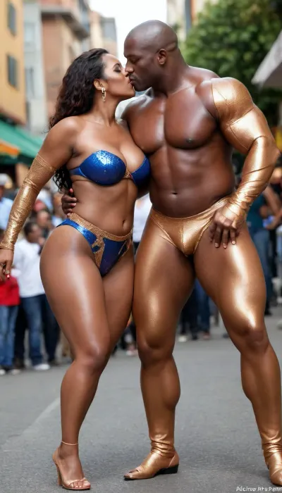interracial sex, big mature brazilian samba dancer, curvy, enormous gigantic big plump boobs, luscious breasts, wide thick sexy ass, thong, dark brown exotic skin, ((((shiny copper skin)))), enormous nigerian man, muscular body, kissing her lips deep on the street, groping her, carnival, rio, blue -yellow feather costume, posing, long sexy legs, full view