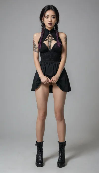 full body view. Up skirts. Flashing tits. Panties down.
Yi is a 23-year-old, ((Asian woman)), . slim body and long purple hair in two braids. Yi wears a little black gothic dress. Yi has pronounced black eyeshadow, and black lipstick. Yi smiles flirtatiously. Yi has many dragon tattoos all over her body. Yi wears tall black boots, without heels., ((Up skirt)), mid-thigh panties. Pussy wet drips., ((top dress down)), flashing tits, She showns her vagina, visible clitoris and inner labia, pubic hair., ((Showing tits)), . Tits visibles.