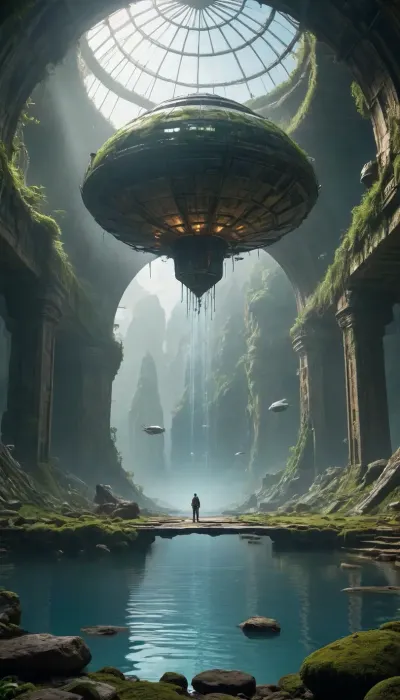 water, lake, forest, rocks, moss, overgrown green forest, fairytale forest, aqueduct old dilapidated, roots grow through stones, fantasy landscape, spaceship old broken wrecked, post-apocalypse, wheeled transport, future technologies, robotics, night in the sky, evening, starry sky, giant planets in the sky, grotto cave, surface and underwater transport and aircraft, pterodactyl birds in the sky, glass dome of an abandoned greenhouse, a laboratory for experiments, a scientific space base, a radar on the roof, unearthly landscape, masterpiece picture, movie effect, strong sci-fi effect, water fields and terraces steps waterfall, techno future, the scale of what is happening, dragonfly like flying drone futury, antigravity floating blocks in the air, ancient majestic colossi, extraterrestrial race of inhabitants, Bedouin settlement, pandora style of the movie avatar, science fiction