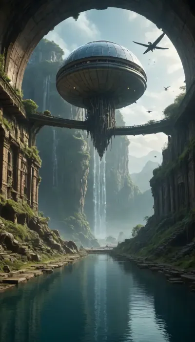 water, lake, forest, rocks, moss, overgrown green forest, fairytale forest, aqueduct old dilapidated, roots grow through stones, fantasy landscape, spaceship old broken wrecked, post-apocalypse, wheeled transport, future technologies, robotics, night in the sky, evening, starry sky, giant planets in the sky, grotto cave, surface and underwater transport and aircraft, pterodactyl birds in the sky, glass dome of an abandoned greenhouse, a laboratory for experiments, a scientific space base, a radar on the roof, unearthly landscape, masterpiece picture, movie effect, strong sci-fi effect, water fields and terraces steps waterfall, techno future, the scale of what is happening, dragonfly like flying drone futury, antigravity floating blocks in the air, ancient majestic colossi, extraterrestrial race of inhabitants, Bedouin settlement, pandora style of the movie avatar, science fiction