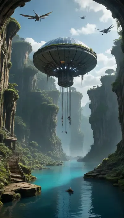 water, lake, forest, rocks, moss, overgrown green forest, fairytale forest, aqueduct old dilapidated, roots grow through stones, fantasy landscape, spaceship old broken wrecked, post-apocalypse, wheeled transport, future technologies, robotics, night in the sky, evening, starry sky, giant planets in the sky, grotto cave, surface and underwater transport and aircraft, pterodactyl birds in the sky, glass dome of an abandoned greenhouse, a laboratory for experiments, a scientific space base, a radar on the roof, unearthly landscape, masterpiece picture, movie effect, strong sci-fi effect, water fields and terraces steps waterfall, techno future, the scale of what is happening, dragonfly like flying drone futury, antigravity floating blocks in the air, pandora style of the movie avatar, science fiction
