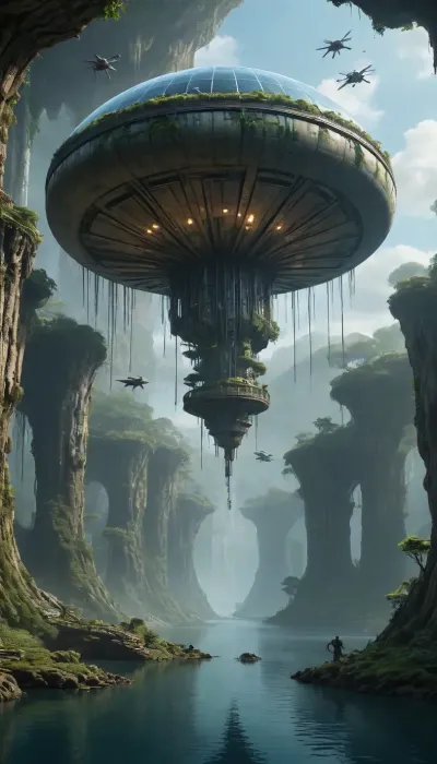 water, lake, forest, rocks, moss, overgrown green forest, fairytale forest, aqueduct old dilapidated, roots grow through stones, fantasy landscape, spaceship old broken wrecked, post-apocalypse, wheeled transport, future technologies, robotics, night in the sky, evening, starry sky, giant planets in the sky, grotto cave, surface and underwater transport and aircraft, pterodactyl birds in the sky, glass dome of an abandoned greenhouse, a laboratory for experiments, a scientific space base, a radar on the roof, unearthly landscape, masterpiece picture, movie effect, strong sci-fi effect, water fields and terraces steps waterfall, techno future, the scale of what is happening, dragonfly like flying drone futury, antigravity floating blocks in the air, pandora style of the movie avatar, science fiction