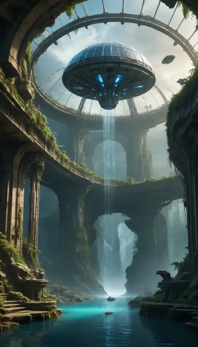 water, lake, forest, rocks, moss, overgrown green forest, fairytale forest, aqueduct old dilapidated, roots grow through stones, fantasy landscape, spaceship old broken wrecked, post-apocalypse, wheeled transport, future technologies, robotics, night in the sky, evening, starry sky, giant planets in the sky, grotto cave, surface and underwater transport and aircraft, pterodactyl birds in the sky, glass dome of an abandoned greenhouse, a laboratory for experiments, a scientific space base, a radar on the roof, unearthly landscape, masterpiece picture, movie effect, strong sci-fi effect, water fields and terraces steps waterfall, techno future, the scale of what is happening, dragonfly like flying drone futury, antigravity floating blocks in the air, pandora style of the movie avatar, science fiction
