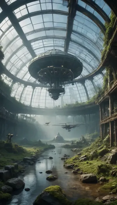 water, lake, forest, rocks, moss, overgrown green forest, fairytale forest, aqueduct old dilapidated, roots grow through stones, fantasy landscape, spaceship old broken wrecked, post-apocalypse, wheeled transport, future technologies, robotics, night in the sky, evening, starry sky, giant planets in the sky, surface and underwater transport and aircraft, pterodactyl birds in the sky, glass dome of an abandoned greenhouse, a laboratory for experiments, a scientific space base, a radar on the roof, unearthly landscape, masterpiece picture, movie effect, strong sci-fi effect, techno future, the scale of what is happening, science fiction