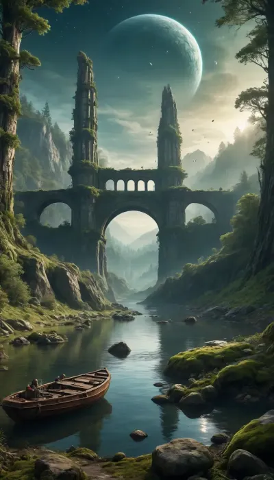 water, lake, forest, rocks, moss, overgrown green forest, fairytale forest, aqueduct old dilapidated, roots grow through stones, fantasy landscape, spaceship old broken wrecked, post-apocalypse, wheeled transport, future technologies, robotics, night in the sky, evening, starry sky, giant planets in the sky, unearthly landscape, masterpiece picture, movie effect, science fiction