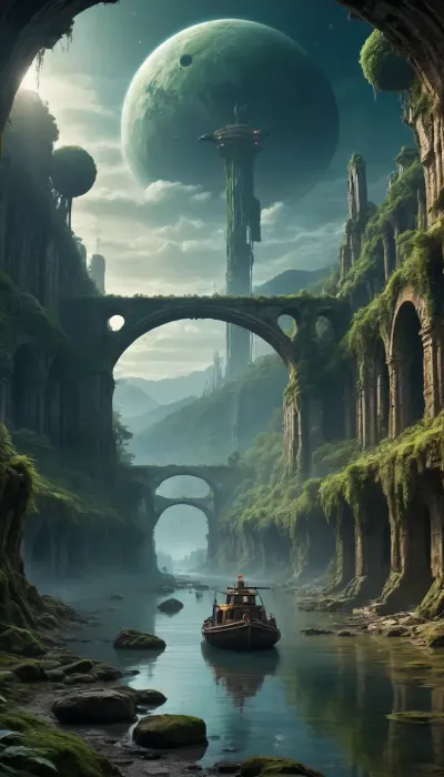 water, lake, forest, rocks, moss, overgrown green forest, fairytale forest, aqueduct old dilapidated, roots grow through stones, fantasy landscape, spaceship old broken wrecked, post-apocalypse, wheeled transport, future technologies, robotics, night in the sky, evening, starry sky, giant planets in the sky, unearthly landscape, masterpiece picture, movie effect, science fiction