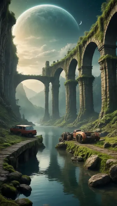 water, lake, forest, rocks, moss, overgrown green forest, fairytale forest, aqueduct old dilapidated, roots grow through stones, fantasy landscape, spaceship old broken wrecked, post-apocalypse, wheeled transport, future technologies, robotics, night in the sky, evening, starry sky, giant planets in the sky, unearthly landscape, masterpiece picture, movie effect, science fiction