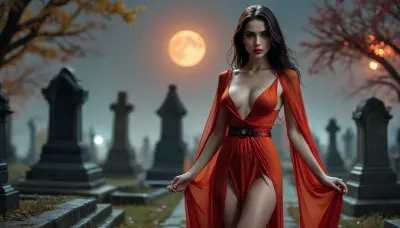 A woman, seemingly nude except for a dark belt and a flowing red gown, stands amidst a graveyard at night.&nbsp;
The graveyard is silhouetted against a backdrop of a large, luminous orange-yellow moon and hazy, smoky atmosphere.&nbsp;
The woman's posture is poised and suggestive, and she is positioned near a number of tombstones, which are all dark shapes against the light.&nbsp;A small, dark, ornamented pedestal stands slightly in front of and to the right of her.&nbsp;
The overall effect is dramatic and evocative, with a strong sense of mystery and perhaps a hint of the supernatural. The lighting and the color palette lend a film noir or gothic atmosphere. 3/4 view, <lora:sdxl_photorealistic_slider_v1-0:.8>, Cyberpunk, cyberpunk, style, <lora:3DCyberpunkStyle_Hap_XL:.8>, clothes, but, <lora:BUT_SDXL_SHS:.8>