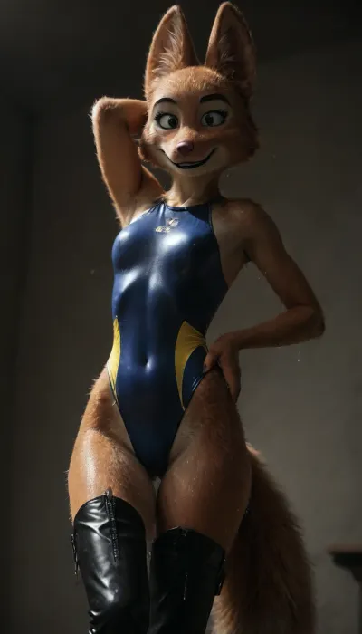(Diane Foxington from "The Bad Guys":1.5), (fox:2), (furry:2), (fit slim body:1.4), (wet fur:1.4), (A big smile), head is tilted, (A sly smile:1.6), (big eyes:.3), (Closed, very detailed, colored tight-fitting swimsuit with yellow inserts:1.4), (shiny:1.7), big free belt on waist, long legs, black stockings, (press straps on the thighs:1.5), (one hand on waist, one legs on spread), expression pose, (Thigh-high boots:1.7), standing, (full view:1.5), (side angle shot:1.7), face, taking, her, bad-picture-chill-75v, CyberRealistic_Negative, <lora:dark:.4>, <lora:679571_training_data:.8>, <lora:Her_Eyes:.8>