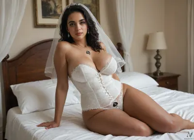 A chubby busty Persian bride with, (sharp black spades tattoo), on her both tits, she wear White bridal corset, and long white wedding vail, sitting on the corner of the bed, 2 giant black skin brut sitting behind the Bride.