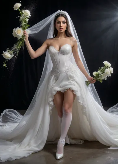 A highly stylized, dramatic fashion-art of an Sexy body Iranian bride on a dark theatrical stage, illuminated by intense white and silver lighting. She wears a stunning white flowing veil, elegant white high heels, and white stockings with delicate garter belts. Her makeup is bold but refined, with a serene and intense expression. Suddenly, a massive surge of glossy, pearlescent white slime explodes across the scene in slow motion, violently splashing over her entire body — covering her veil, face, bouquet, and dress. The contrast of the pure white slime against her poised and pristine figure creates a surreal, abstract aesthetic. The atmosphere is cinematic and emotional, with emphasis on texture, motion, and contrast. High-fashion editorial meets abstract performance art. Ultra-high resolution, realistic lighting, detailed textures. Hyper-realistic, high-resolution, emotionally expressive., woman, cum, on, <lora:JustCum:2>